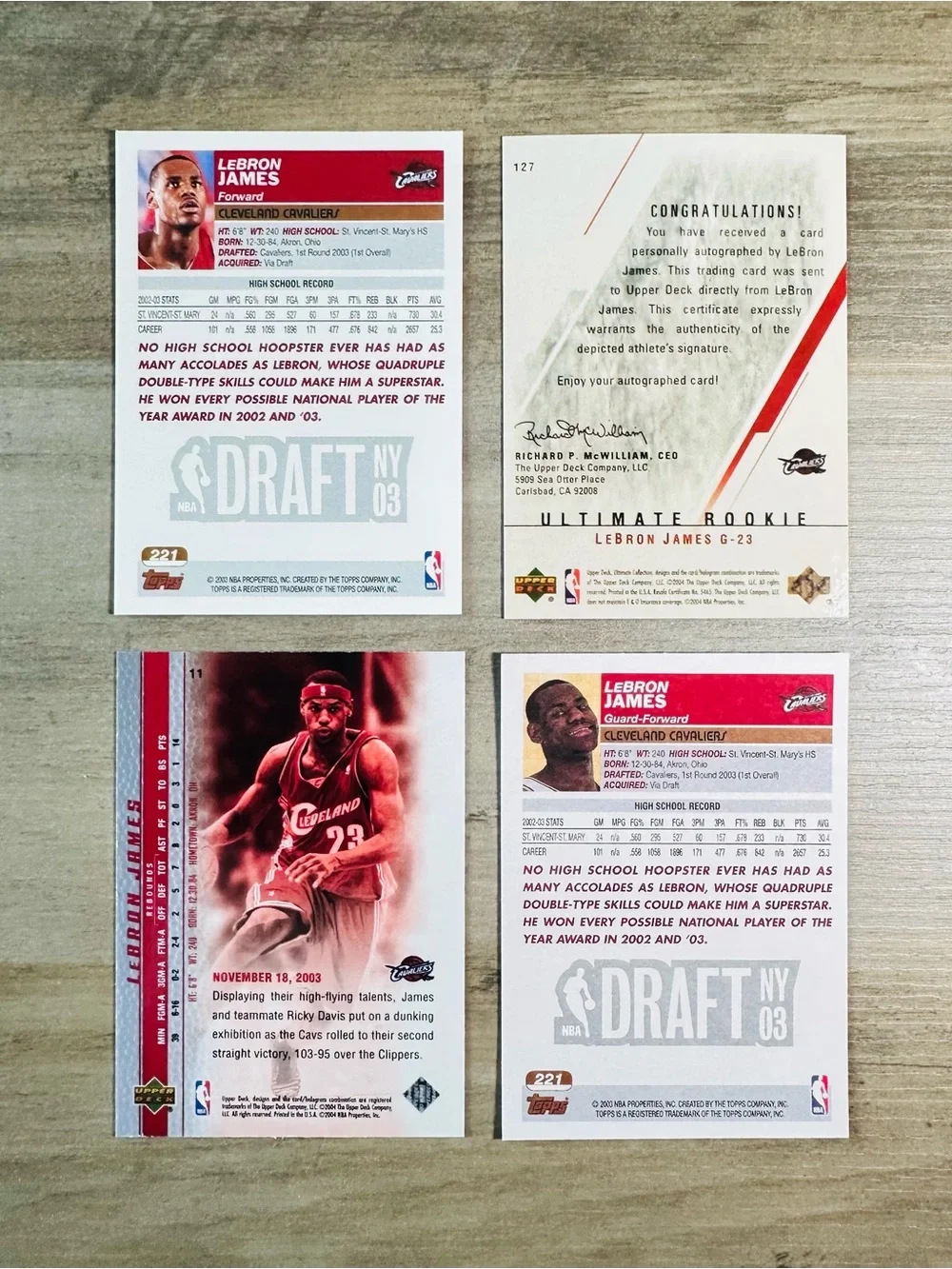 LeBron James Signed Rookie Lot of (4) Topps Upper Deck Novelty Cards.